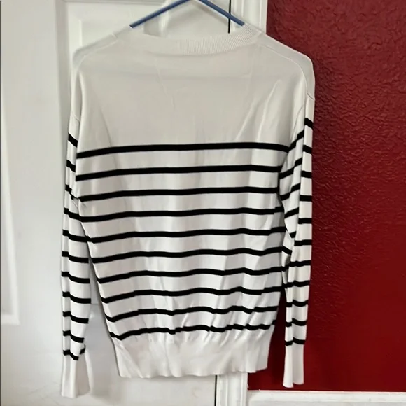 Striped White and Black Henley Sweater - Picture 2 of 2